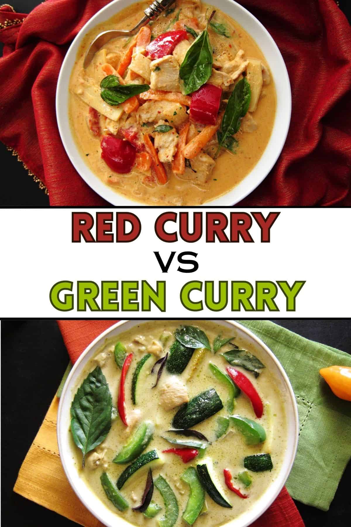 red curry and green curry in white bowls with text 