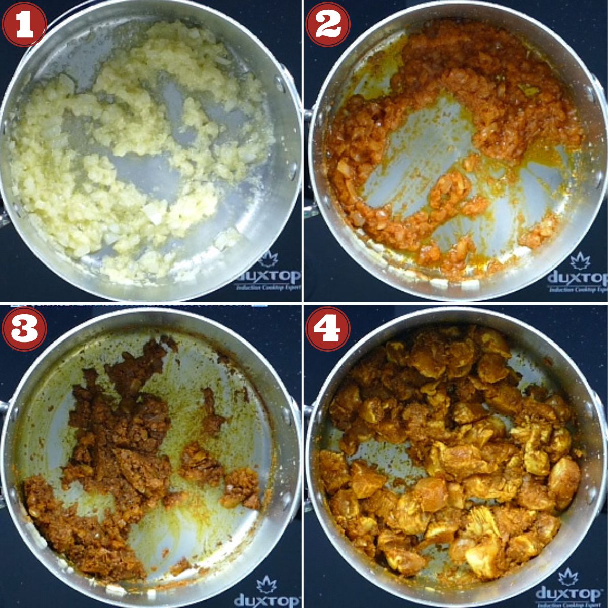 Curry pasta cooking instructions collage of onions, tomatoes, spices and chicken being added to pot.