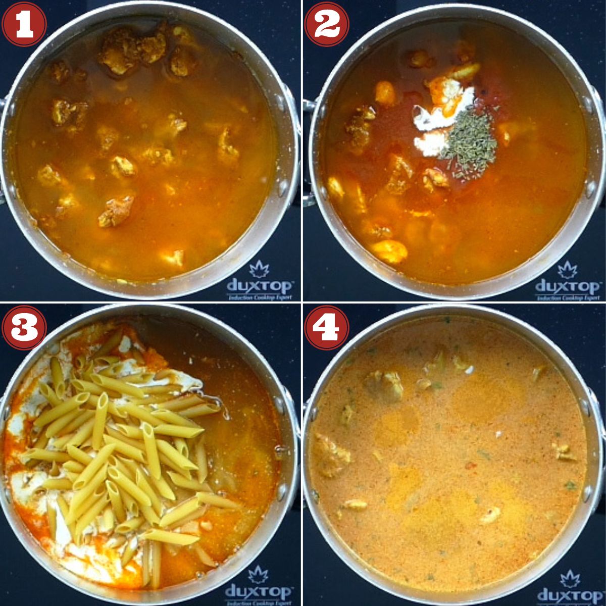 Curry pasta cooking instructions collage of ingredients being added to pot.