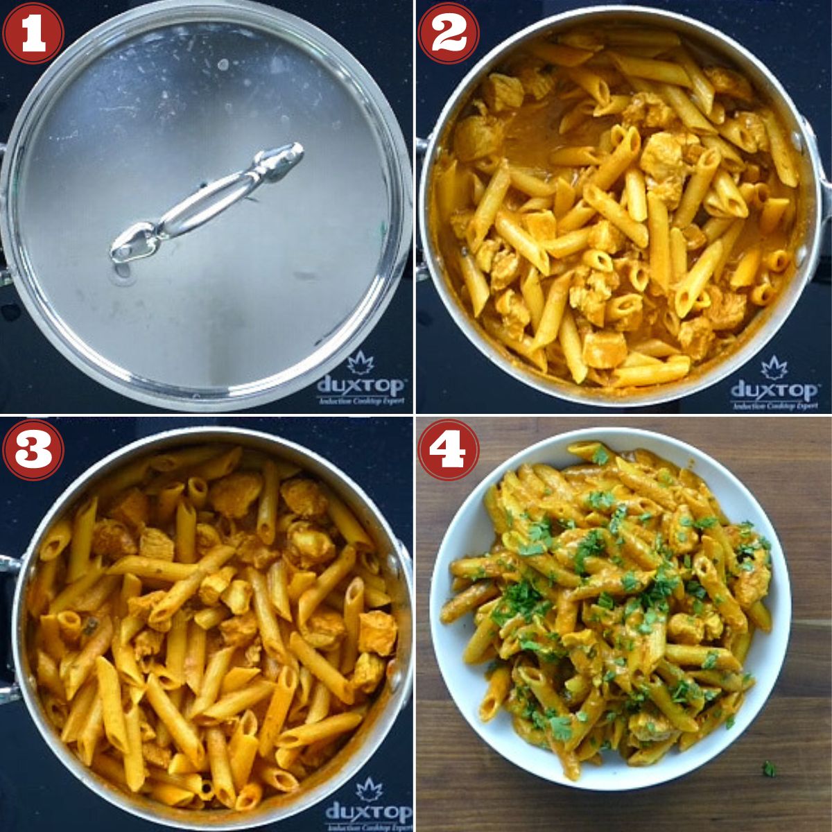 Curry pasta cooking instructions collage of pasta being cooked.