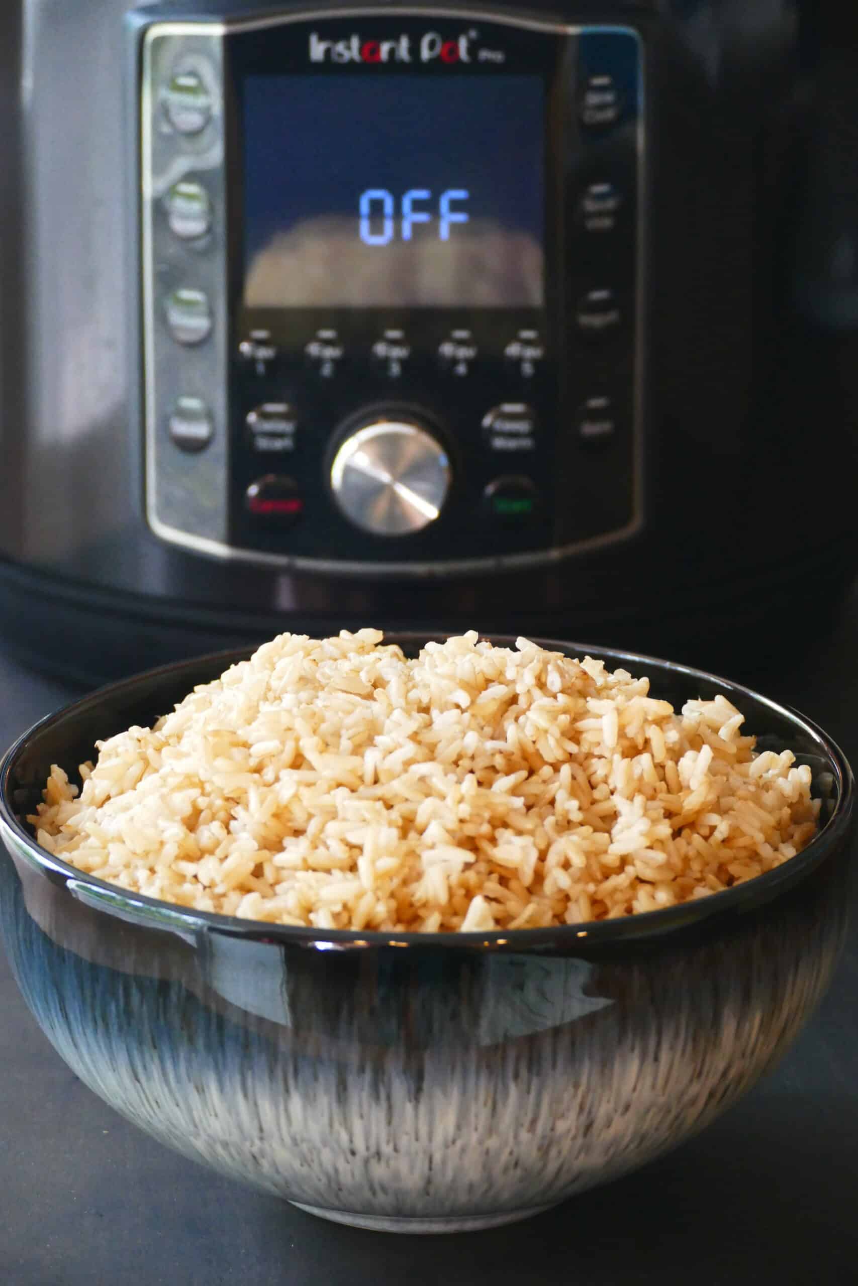 Instant Pot Jasmine Rice - A heaping mound of brown rice in a blue bowl in front of a black instant pot.