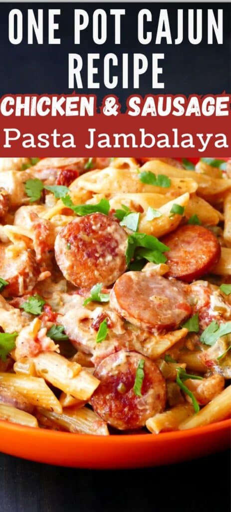 Red bowl with pasta, sausage, chicken, garnished with parsley and text 