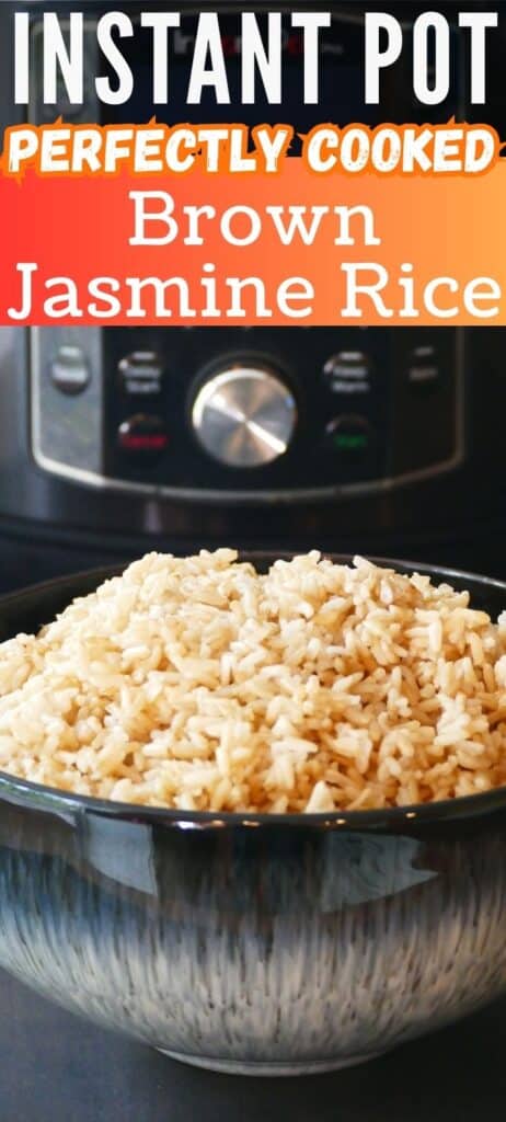 A heaping mound of brown rice in a blue bowl with text 