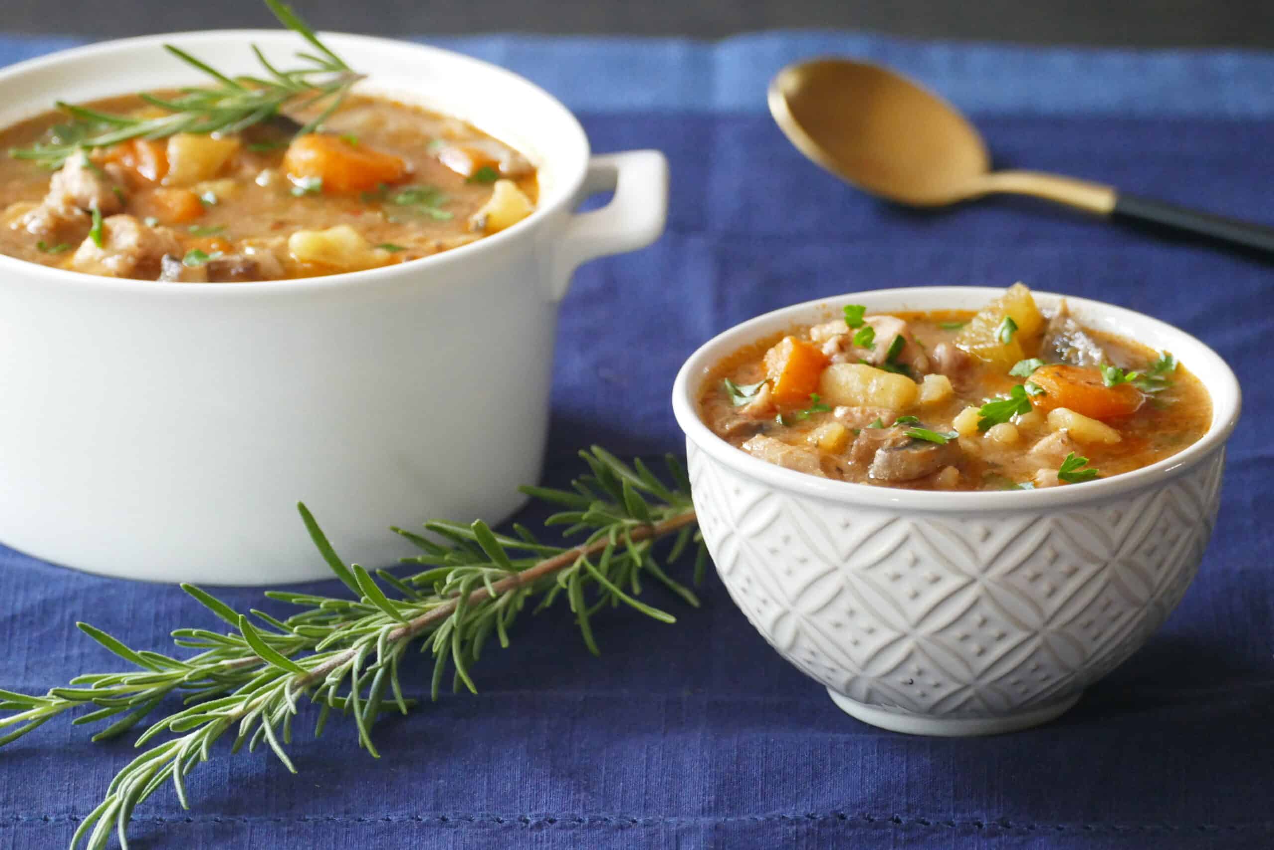 Serving bowl and small bowl with chicken stew with potatoes, carrots, parsley and spring of rosemary.