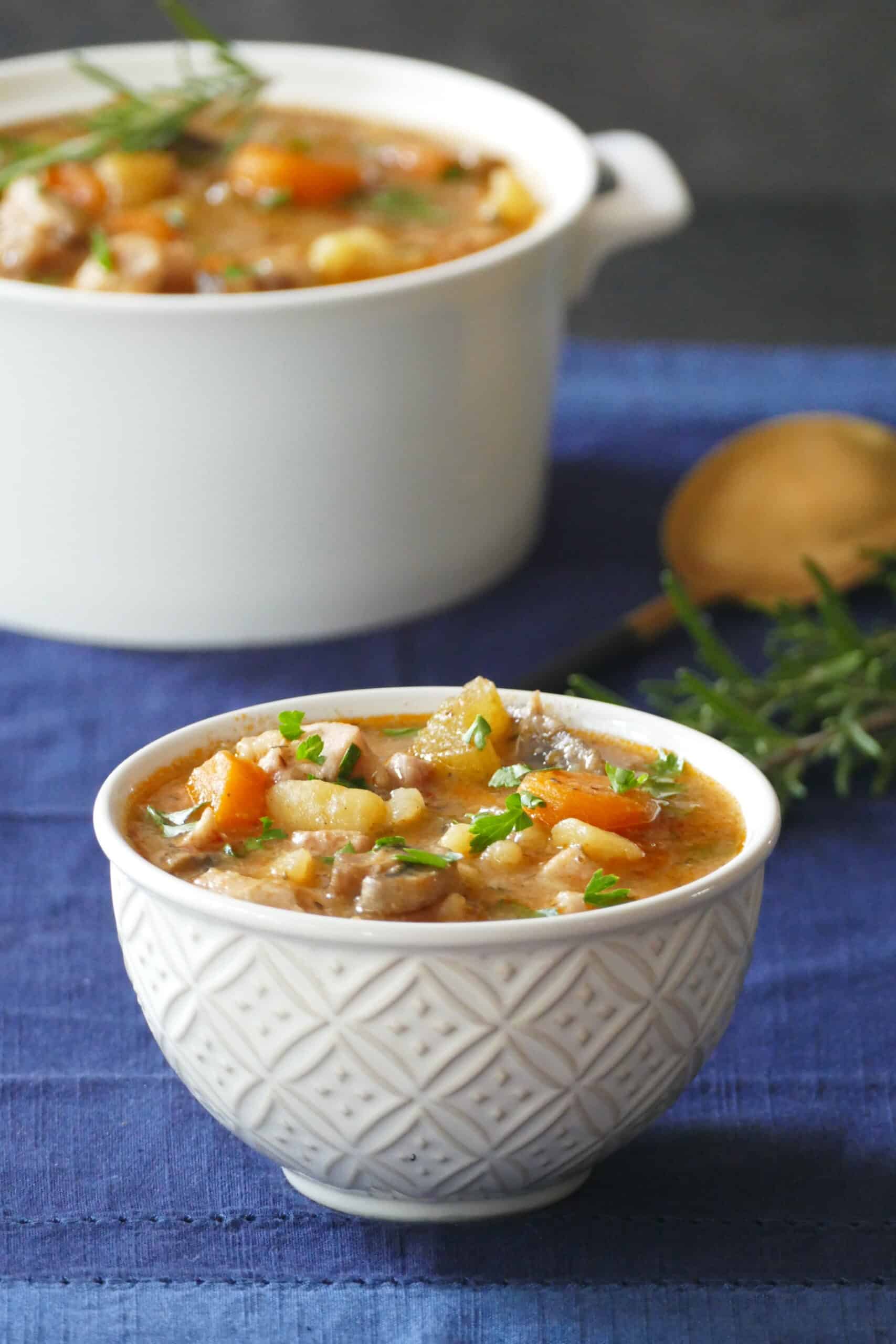 Instant Pot chicken stew in serving bowl and small bowl with chicken stew with potatoes, carrots, parsley and spring of rosemary.