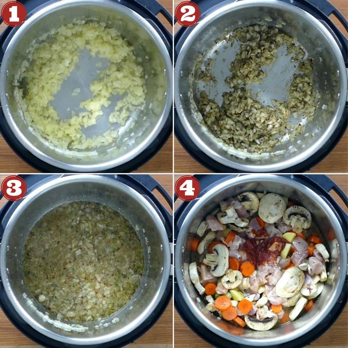 Instant Pot chicken stew collage of cooking stages: onions, spices, deglaze, add all ingredients