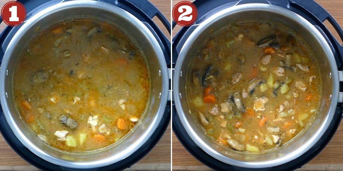 Instant Pot chicken stew collage of cooking stages: cooked stew, thickened stew