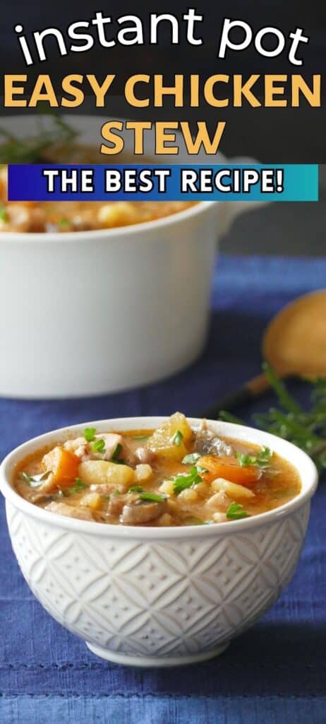 Serving bowl and small bowl with chicken stew with potatoes, carrots, parsley and spring of rosemary and text 