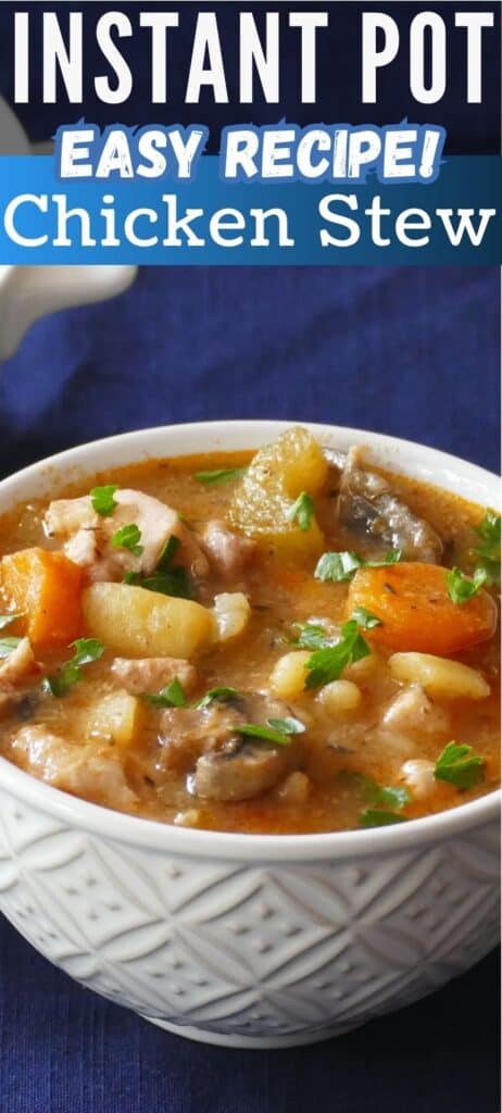 Serving bowl and small bowl with chicken stew with potatoes, carrots, parsley and spring of rosemary and text 