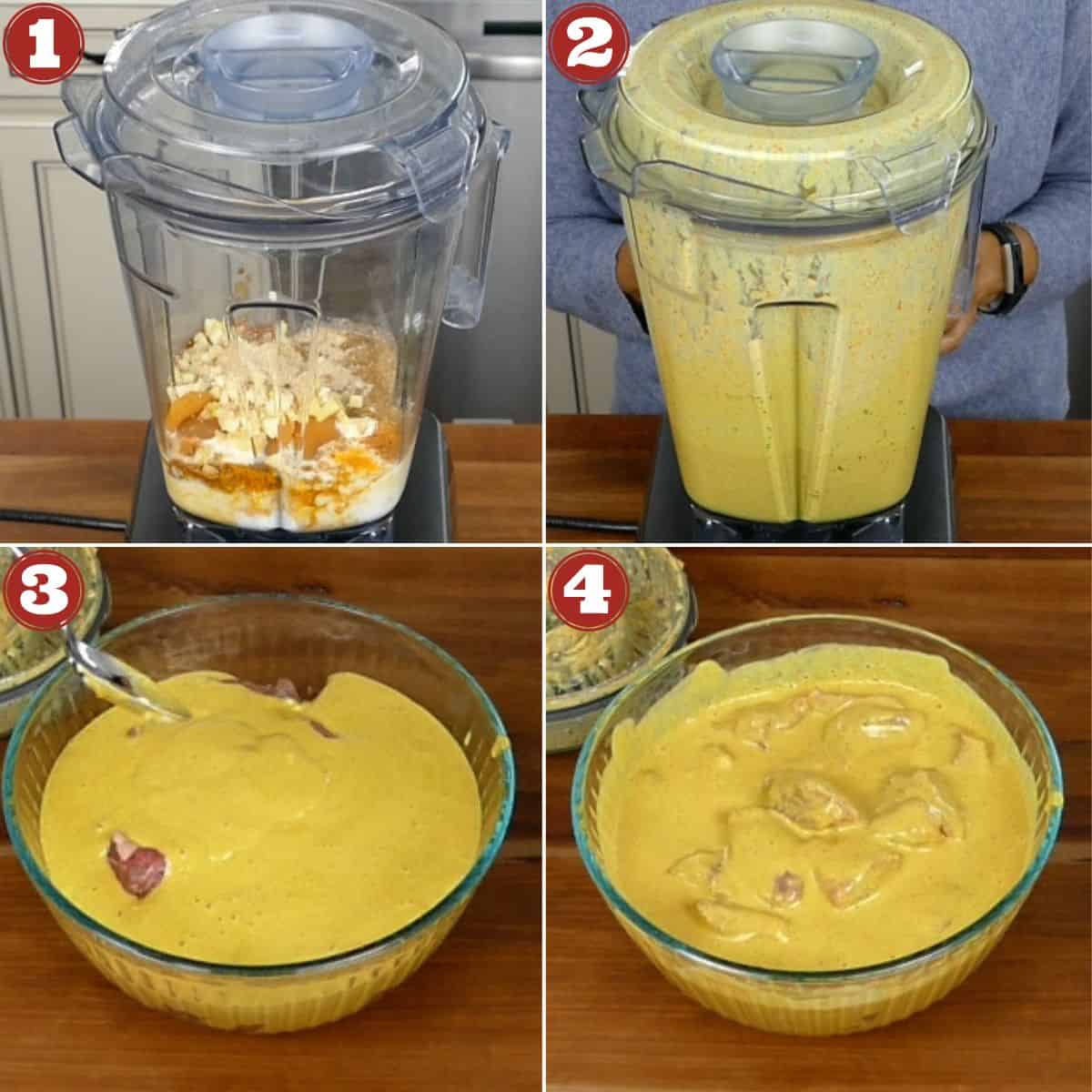 Collage of cooking stages - marinade ingredients in blender, marinade blended, lamb and marinade in bowl, lamb and marinade mixed.