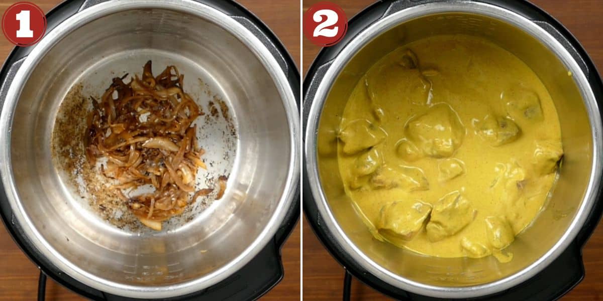 Collage of cooking stages - onions in Instant Pot, lamb biryani marinade in Instant Pot.