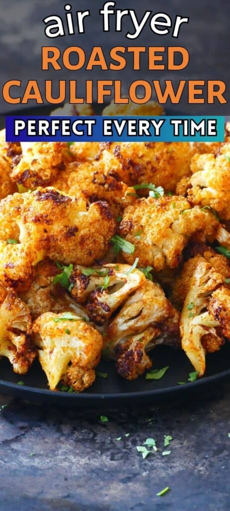 golden brown roasted cauliflower on a black plate with parsley garnish with text 