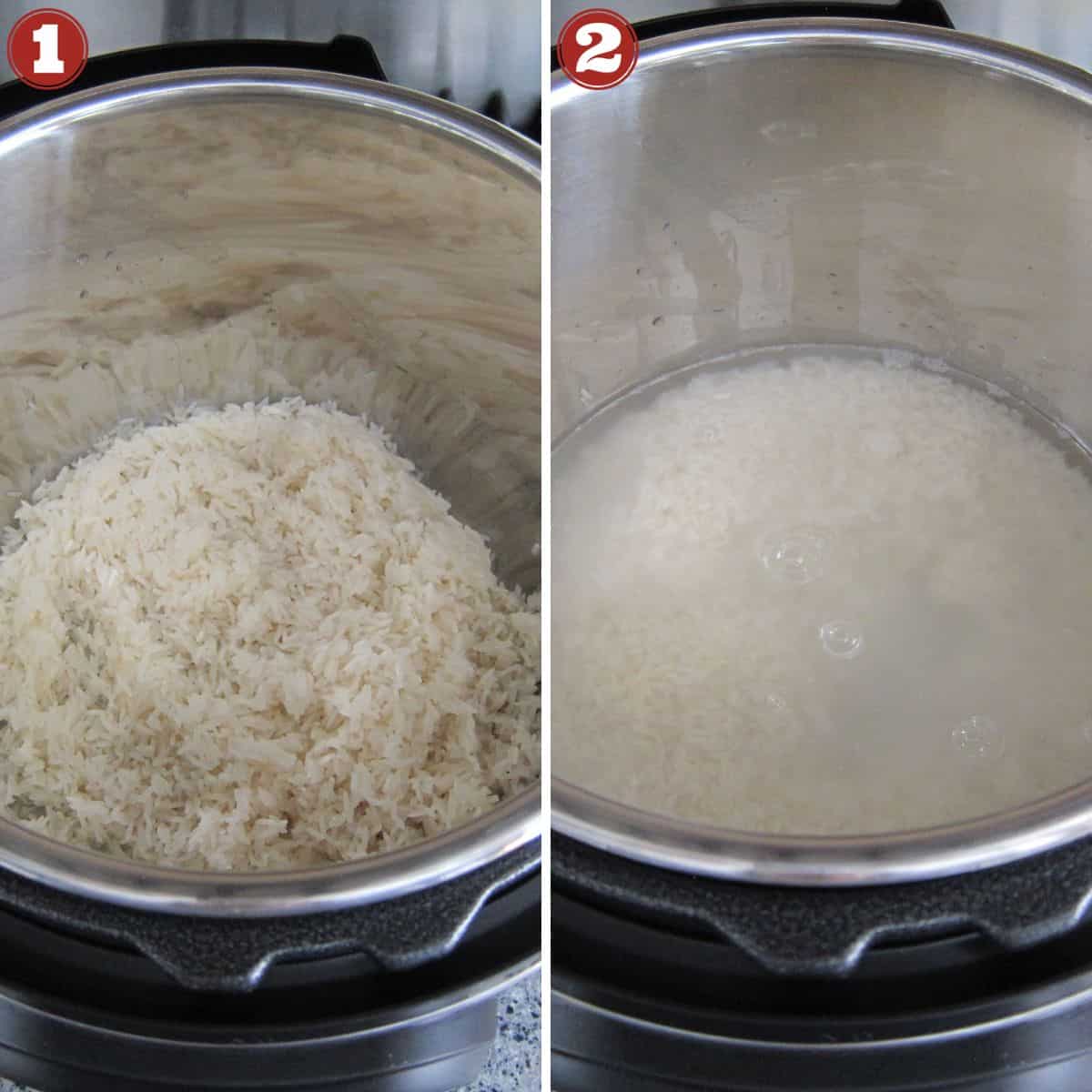 Collage of cooking stages - rinsed jasmine rice, and water added to instant pot