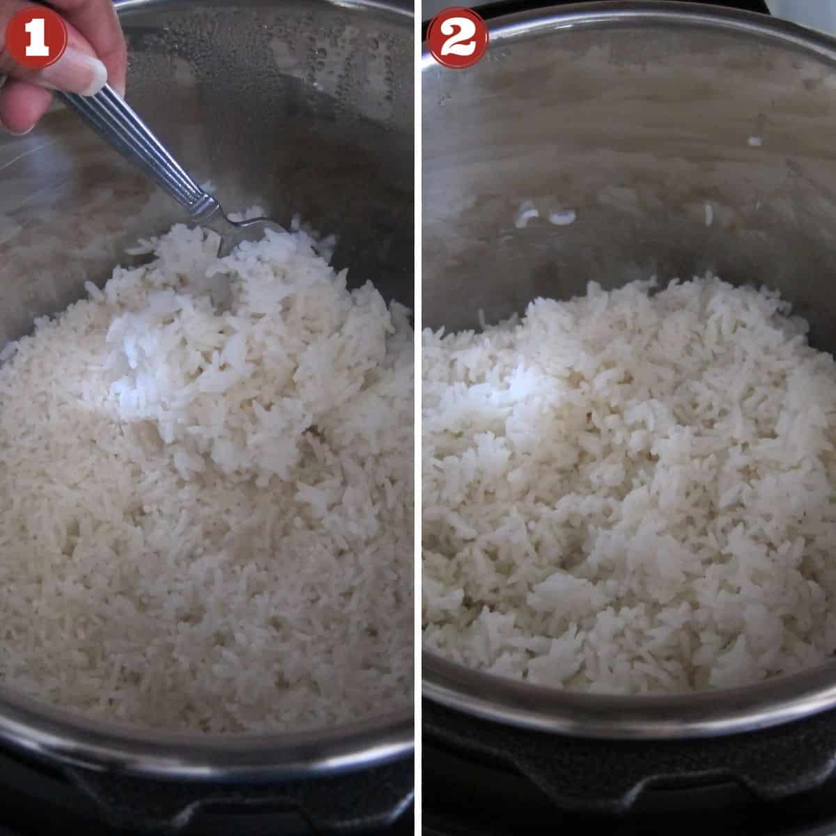 Collage of cooking stages - jasmine rice cooked in Instant Pot, and stirred up.
