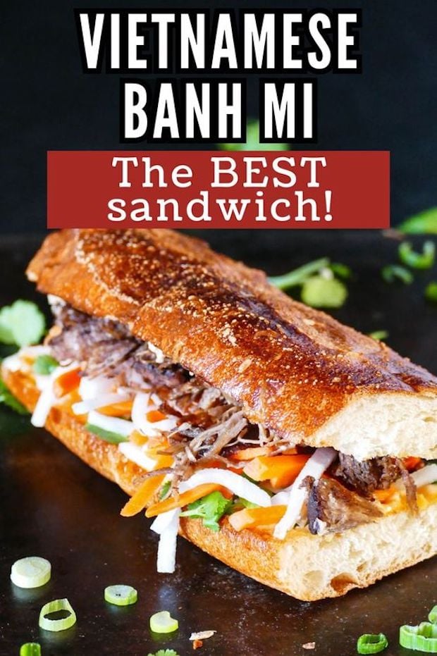 Instant Pot Banh Mi - Vietnamese Sandwich Pinterest - toasted sandwich with pork, carrots, daikon with text "vietnamese banh mi the best sandwich!"