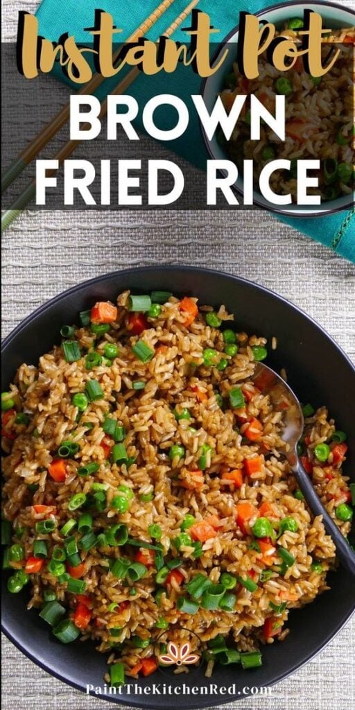 Brown fried rice in black bowl and text "instant pot brown fried rice".