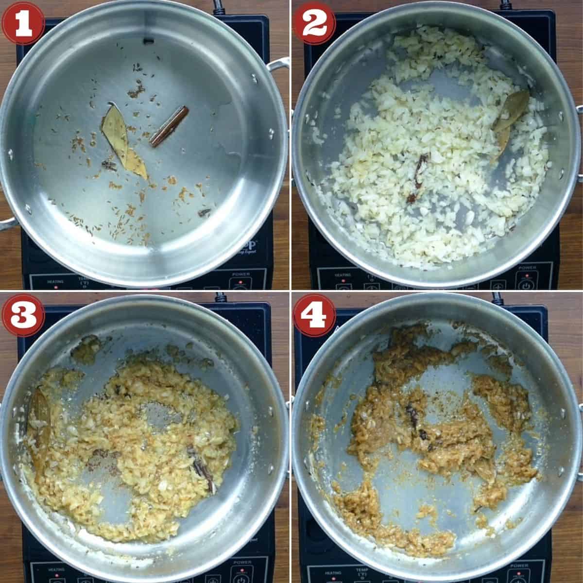 Kerala chicken curry instructions collage - fry whole spices and onions.