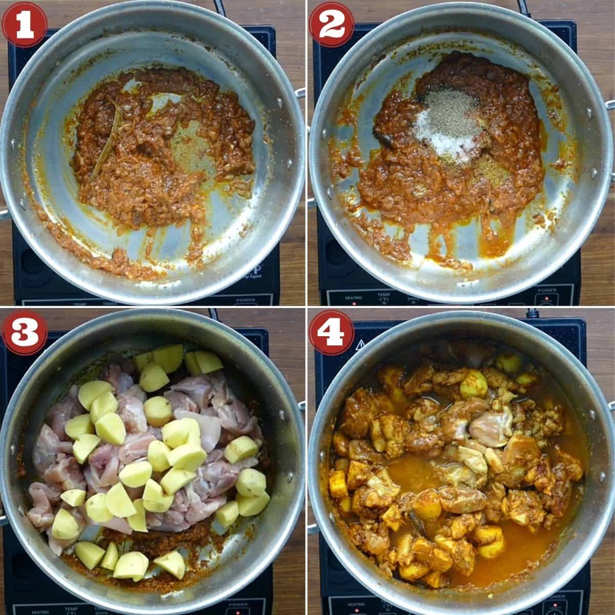 Kerala chicken curry instructions collage - fry tomatoes, spices, and add chicken and potatoes with broth.