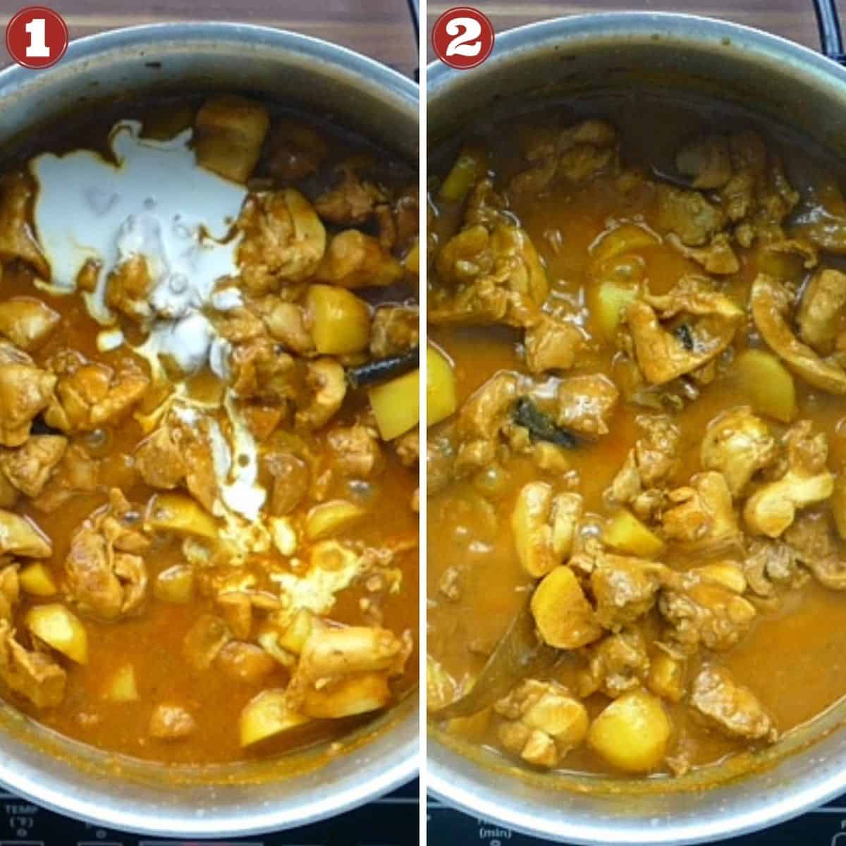 Kerala chicken curry instructions collage - add cashew paste and stir all.
