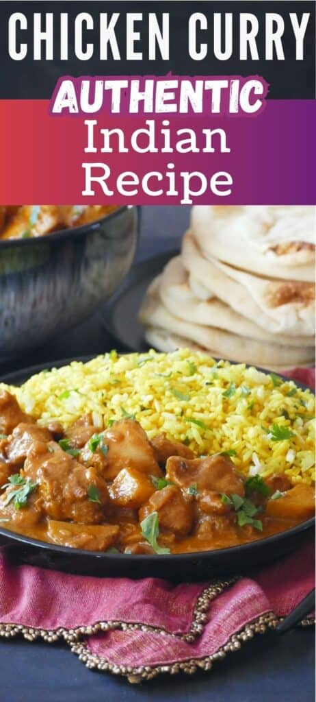 Kerala chicken curry with yellow rice in a black plate with naan stacked in background and text 