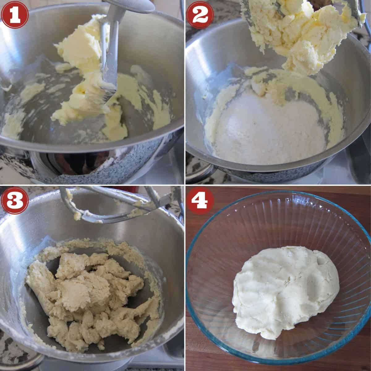 Collage of cardamom cookie steps - cream butter, add flour, mix