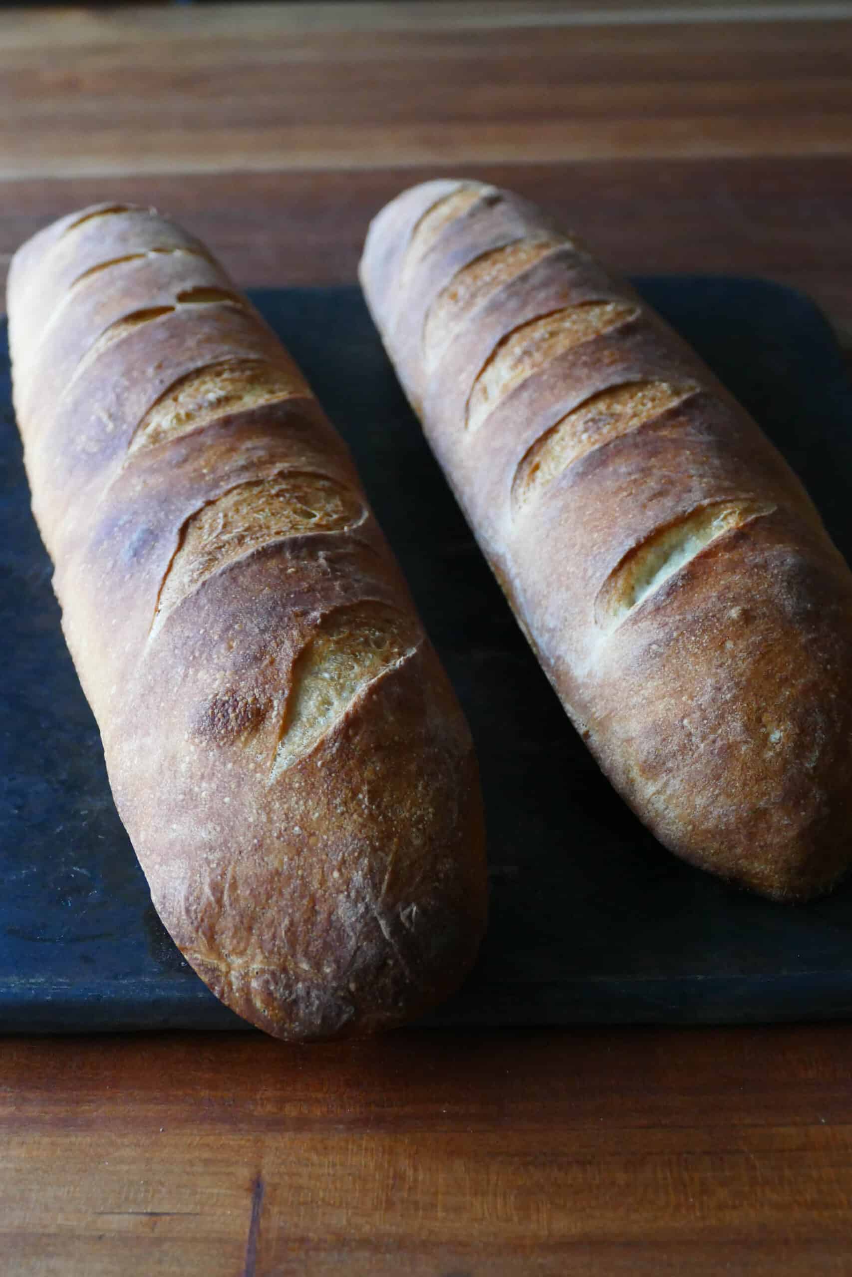 French baguette recipe - two french baguettes on a tray