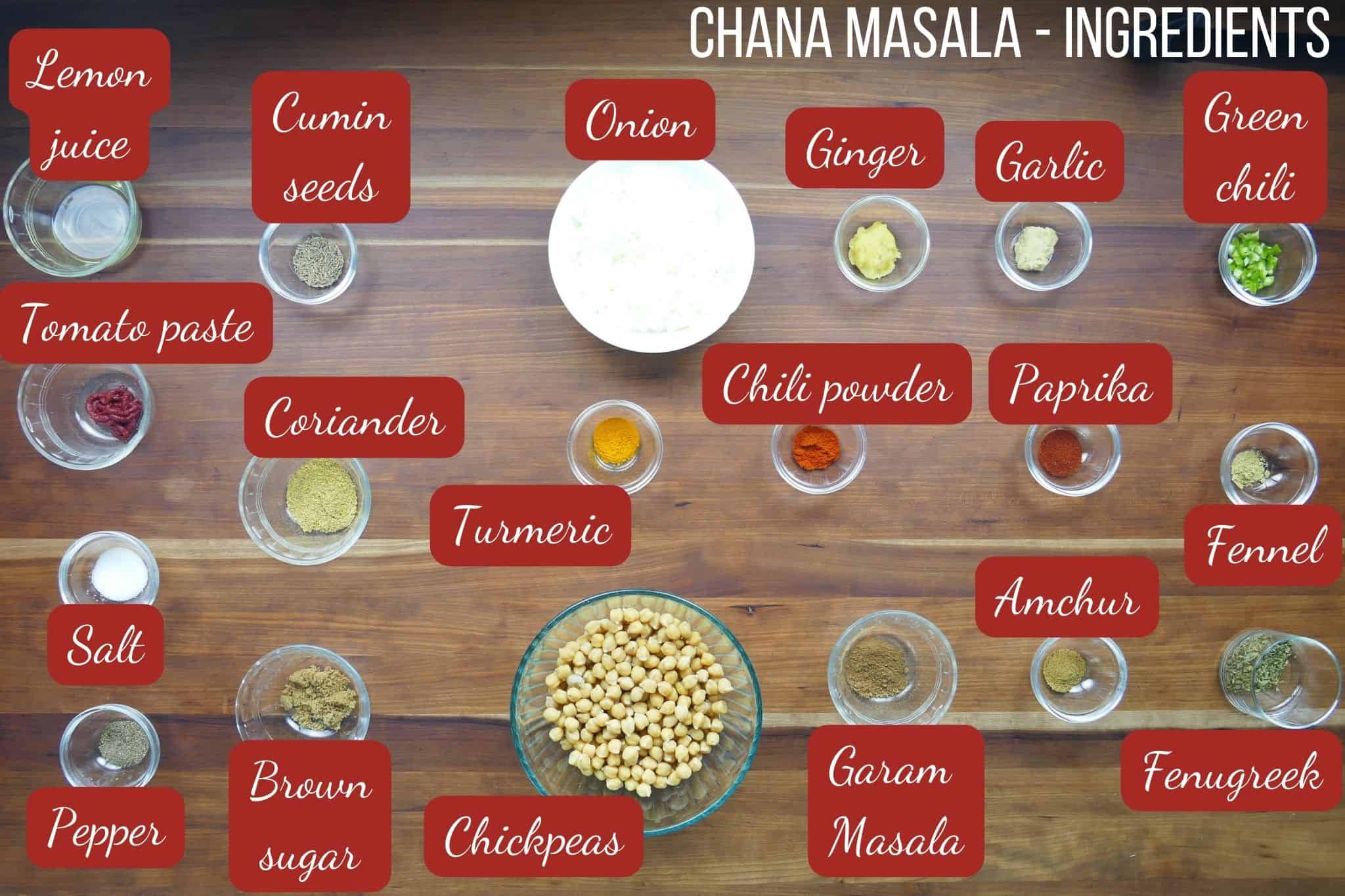 Ingredients required to make chana masala chole chickpea curry.