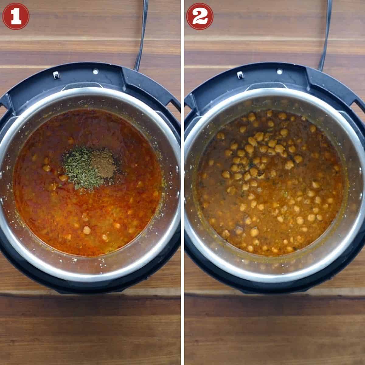 Instant Pot chana masala collage - spices to finish, stirred.