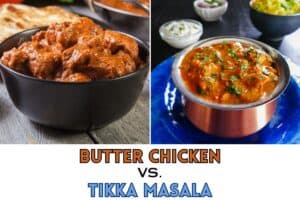 butter chicken and tikka masala in bowls with rice and text 