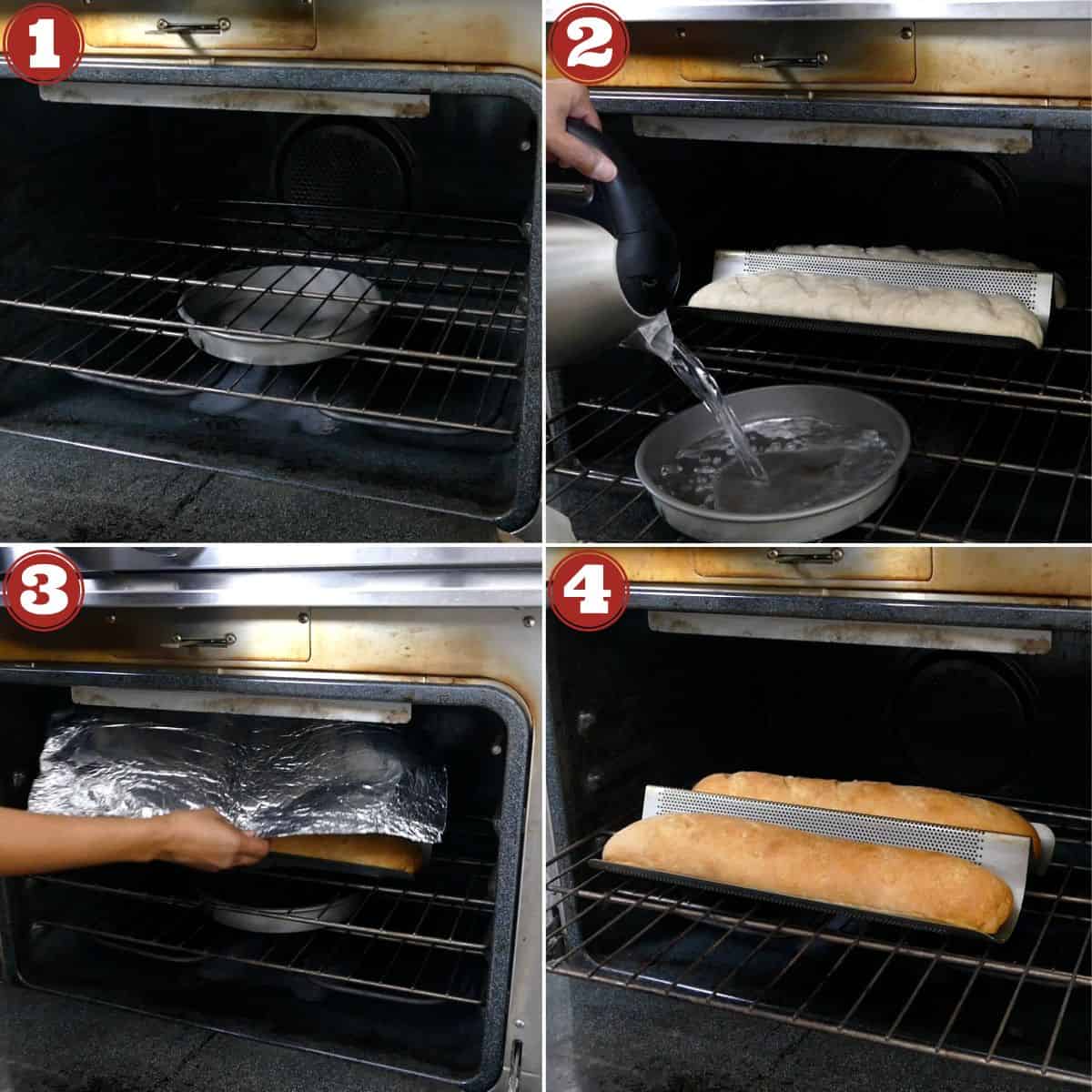 French baguette instructions collage - preparation for baking, and baked baguettes.