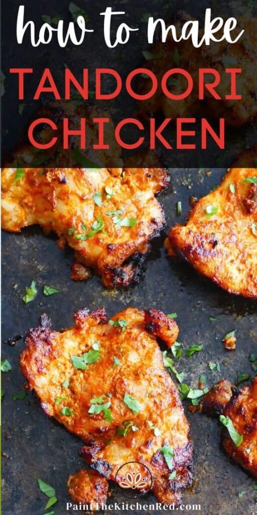 Tandoori chicken on a dark surface with text "how to make tandoori chicken"