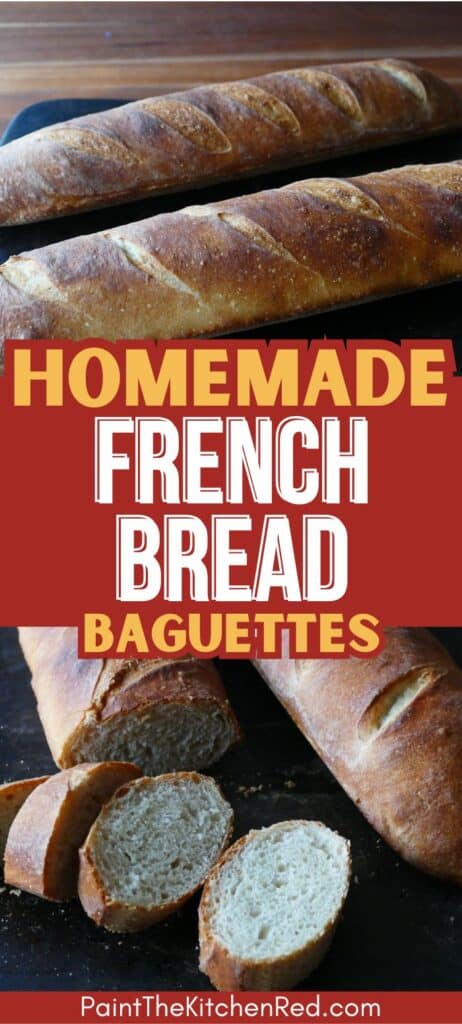 Collage of french baguettes whole and cut with text 