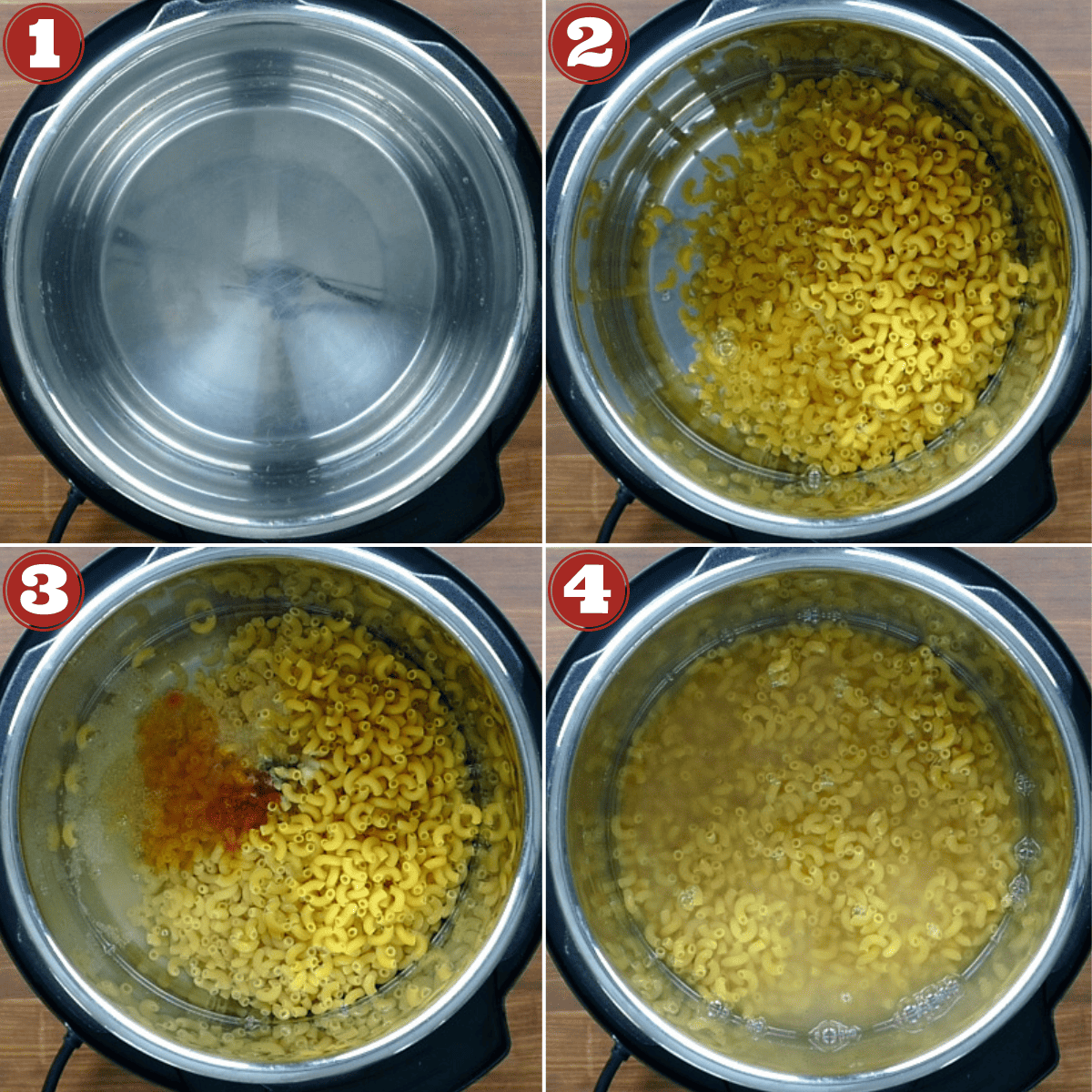 instant pot mac and cheese collage of steps - add water, macaroni, spices, and stir.