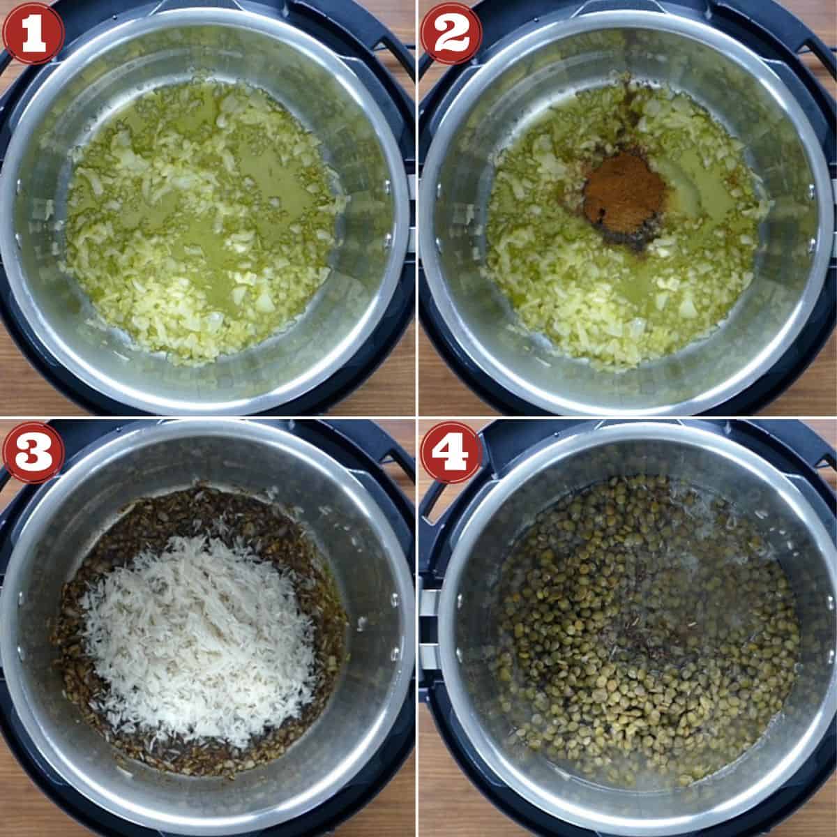 Collage with cooking stages of lentils and rice - onion, garlic, spices, rice, lentils and water.