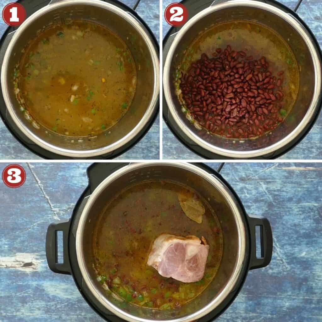 Instant Pot Red Beans and Rice Instructions collage of steps - add broth, beans and ham.