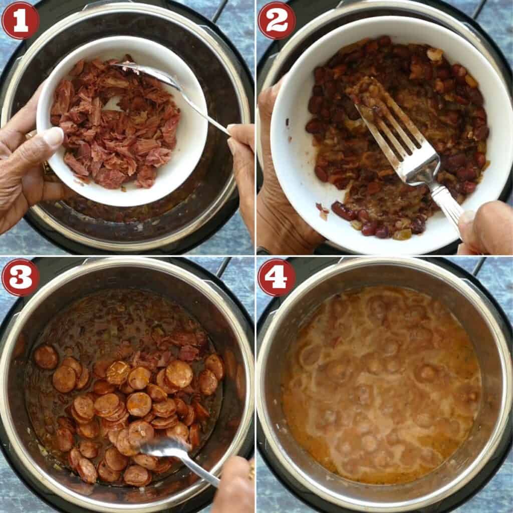 Instant Pot Red Beans and Rice Instructions collage of steps - mash meat, beans.