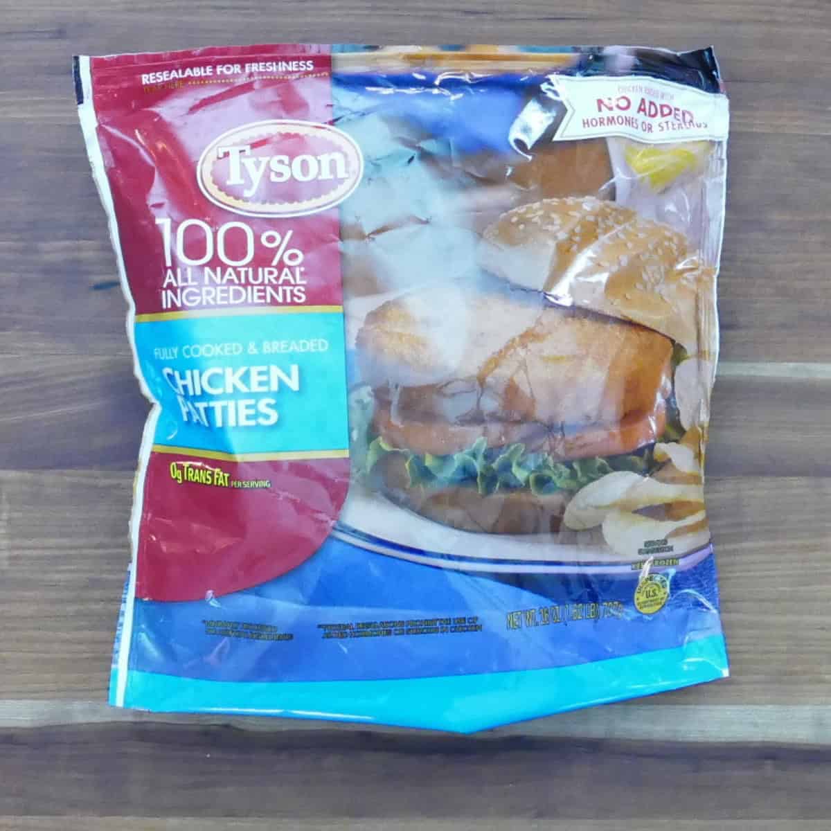 Bag of Tyson frozen chicken patties.