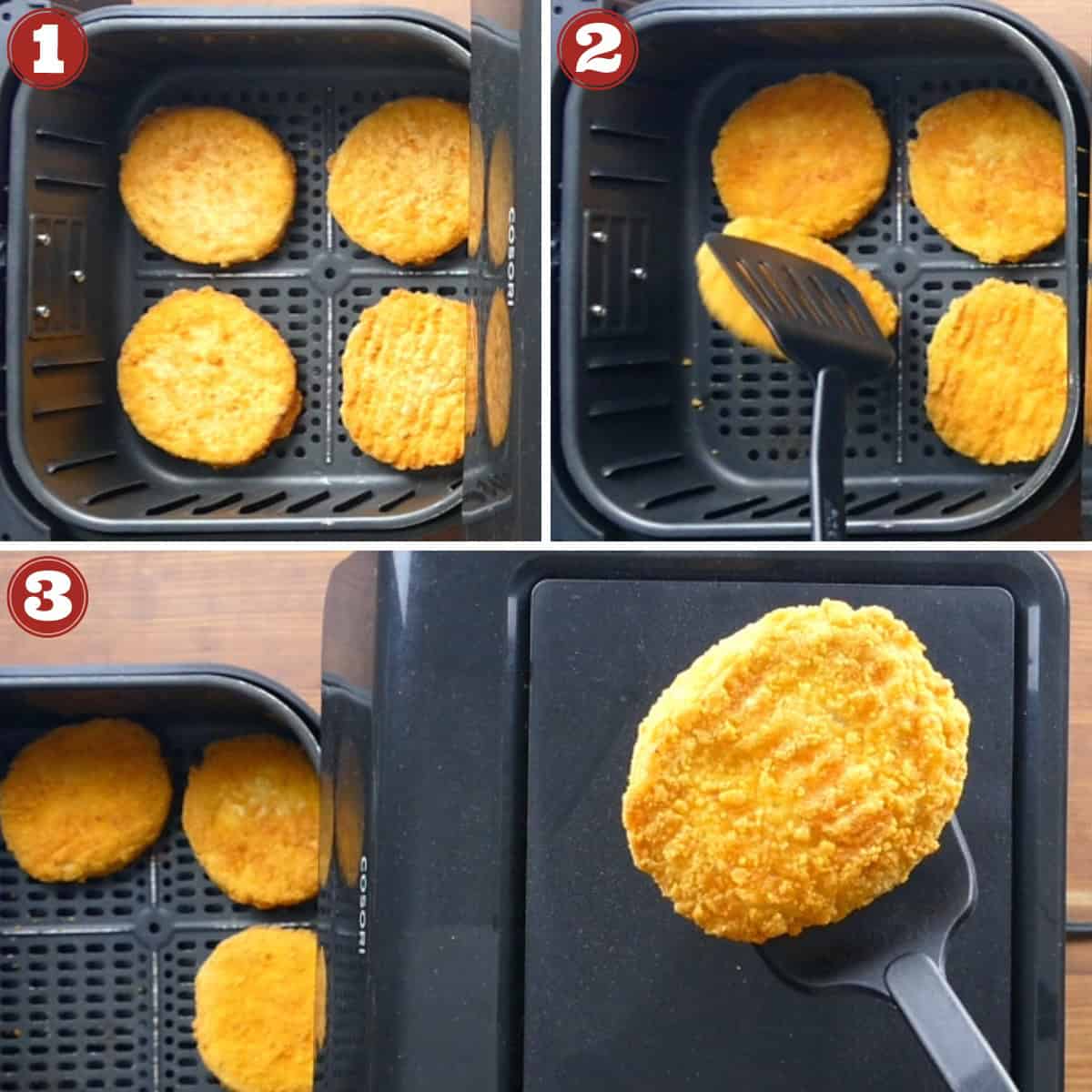 Air fryer frozen chicken patties collage of cooking stages.