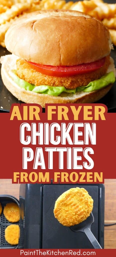 Collage with air fryer frozen chicken patty sandwich and chicken patty on a spatula