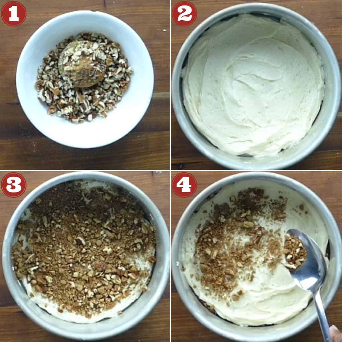 Collage of sour cream coffee cake instructions - streusel, cake layers