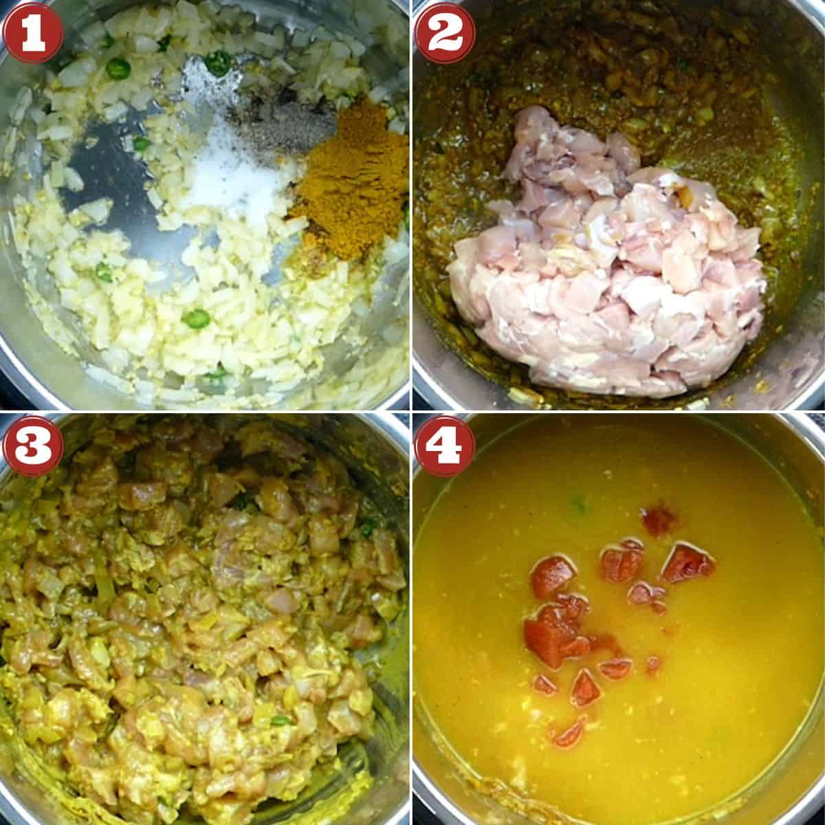 Collage of cooking stages of chicken curry soup - saute onions, chicken, stir, add broth.