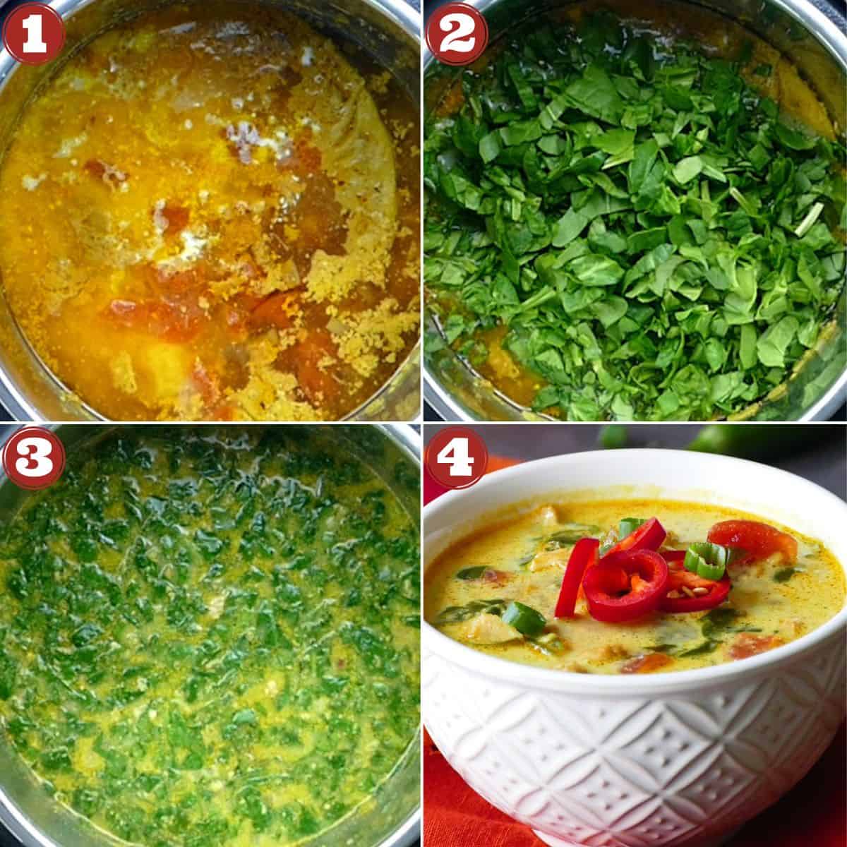 Collage of cooking stages of chicken curry soup - add coconut, spinach, soup in bowl.