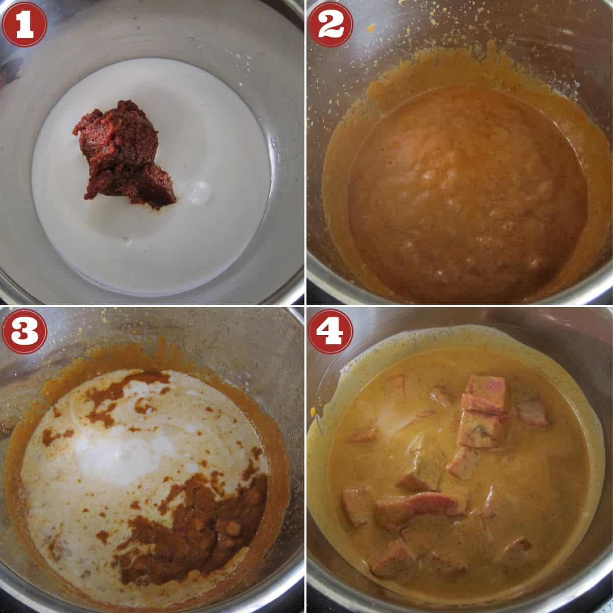 Instant Pot massaman curry collage of cooking stages before pressure cooking.