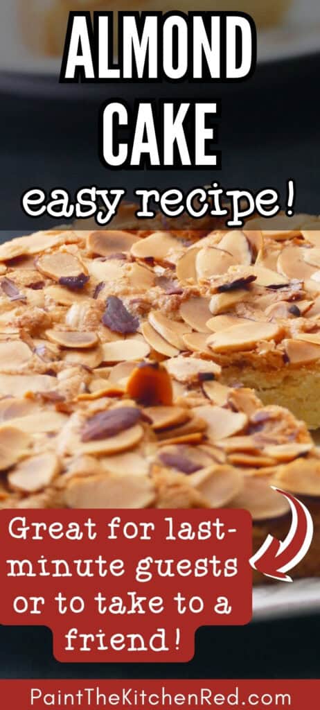 Swedish visiting cake on a plate with piece cut with text "almond cake easy recipe! Great of last minute guests or to take to a friend".