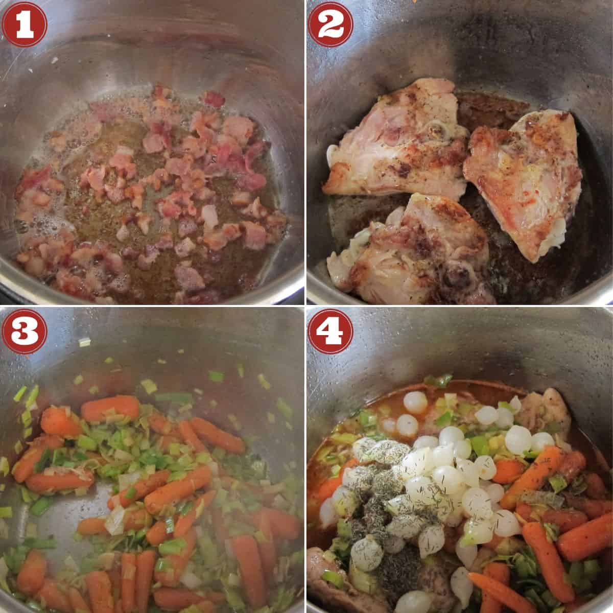 Coq au vin blanc Instructions - saute bacon, brown chicken, saute vegetables, add broth.