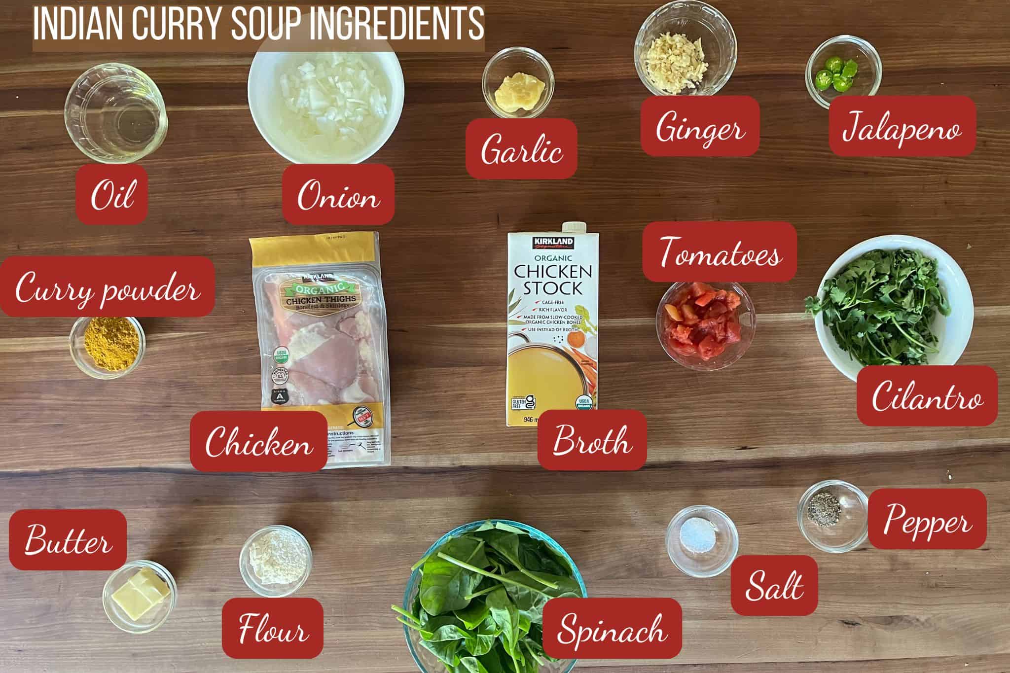 Indian curry soup Ingredients on wooden table.