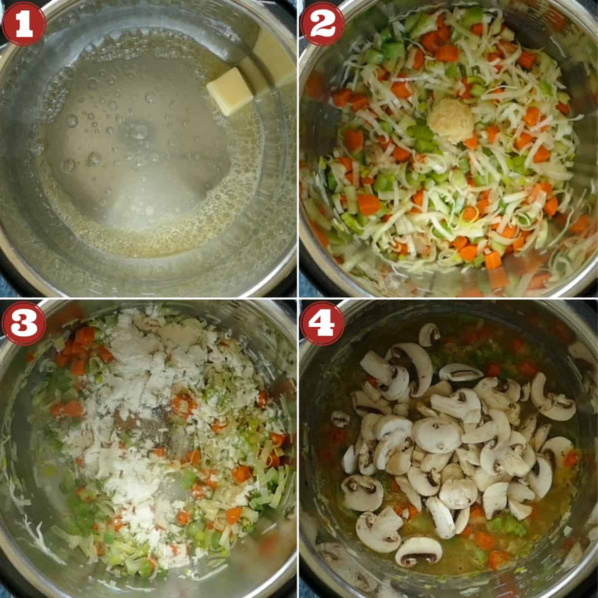 Instant Pot Creamy Chicken Soup Instructions collage - butter meleted, vegetables, flour, broth and mushrooms.