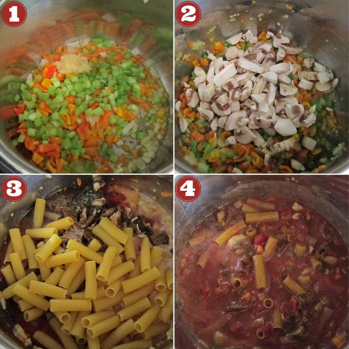 Instant Pot Vegetarian Pasta collage - vegetables, mushrooms, pasta, stirred.