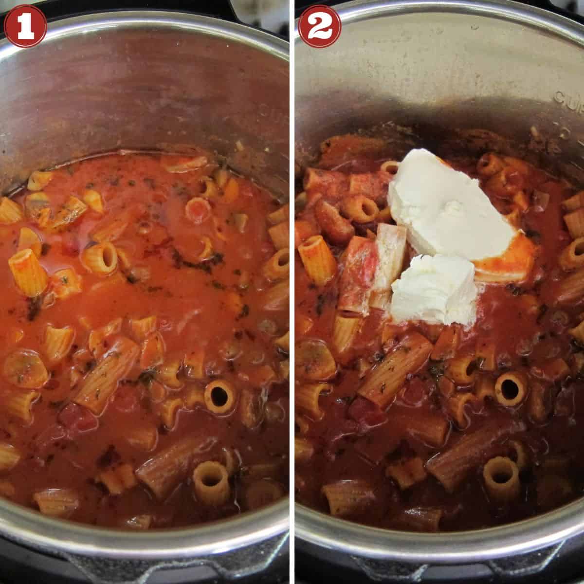 Instant Pot Vegetarian Pasta collage - cooked pasta, cheese added.