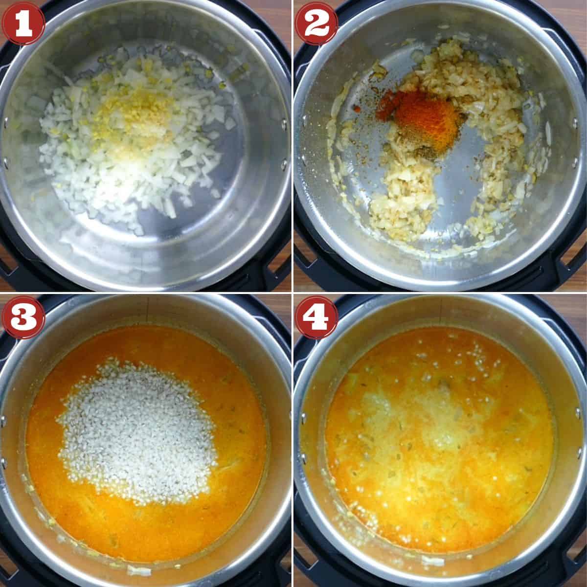 Instant Pot Vegetarian Risotto collage - onions, spices, rice, stirred.
